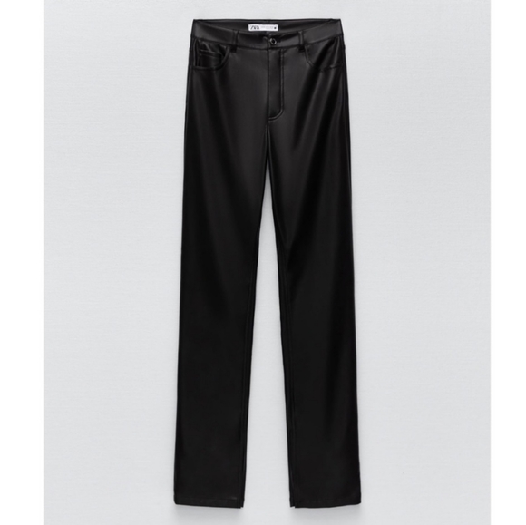 Zara Extra Long Faux Leather Straight Leggings Pants Ankle Slit - Picture 7 of 15